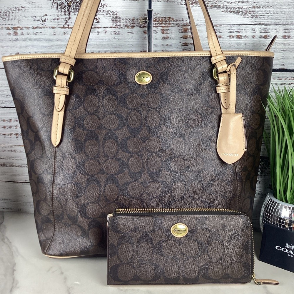 Coach Vintage Peyton Bag Brown Black Signature Tote with Wallet‎ Purse - Picture 3 of 16